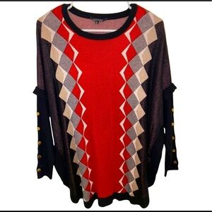 NWT HANNAH Black Red Oversized Argyle Poncho Sweater Size S